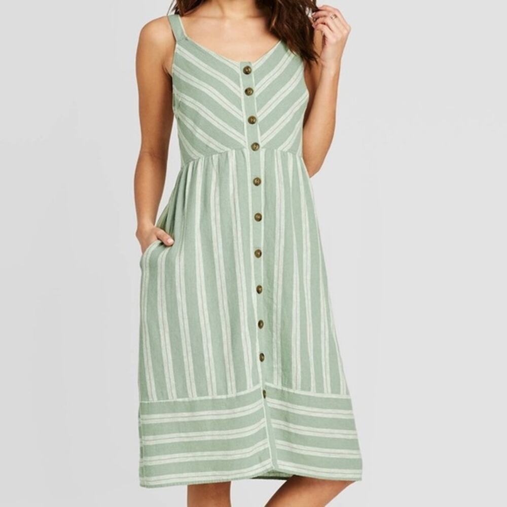 Universal Thread Women's Linen Blend Green Striped Button Dress with Pockets XL